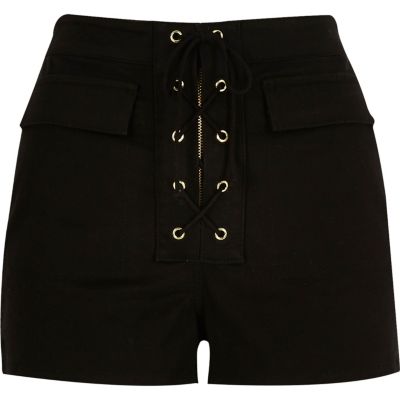 Black lace-up high waisted shorts